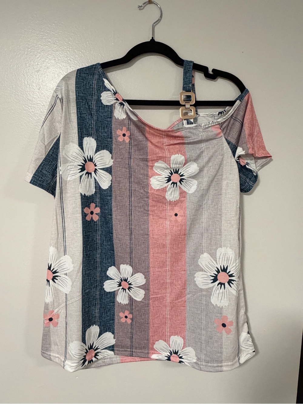 Floral Stripe One-Shoulder Women’s top - Pink, Blue, White